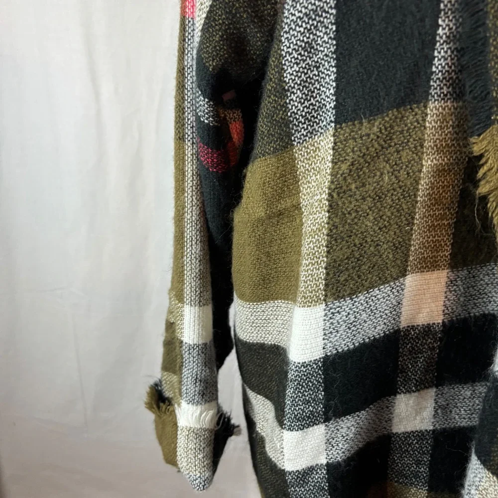 Upcycled Handmade Plaid Open Front Cardigan Jacket Frayed Hem Multi-Color